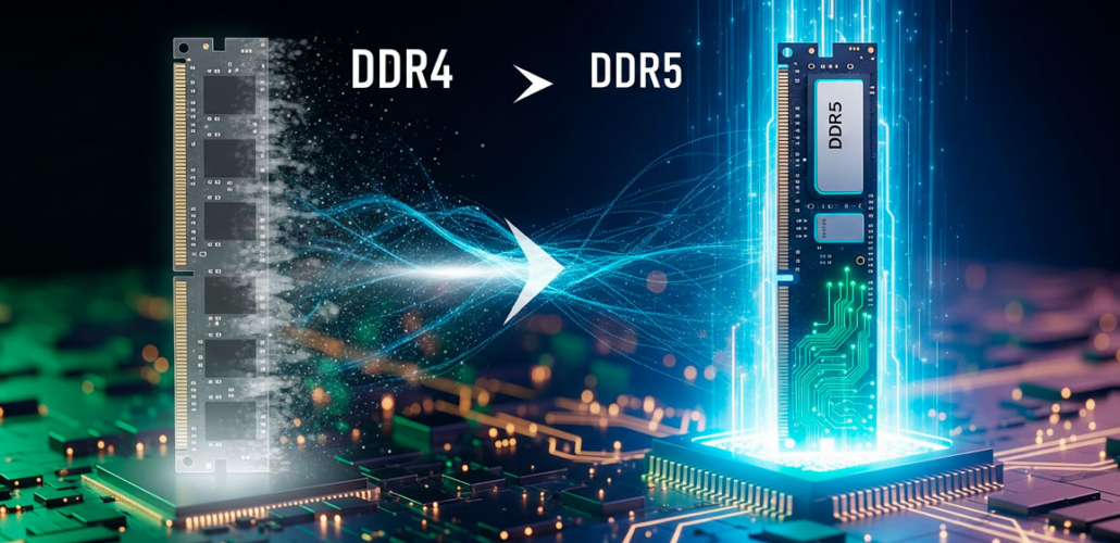 Comparativa visual de un módulo de memoria DDR4 y un módulo de memoria DDR5 mostrando la evolución tecnológica