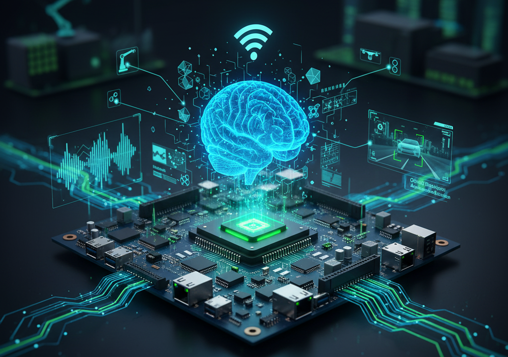 Placa de desarrollo con microcontrolador para Edge AI y elementos de conectividad.